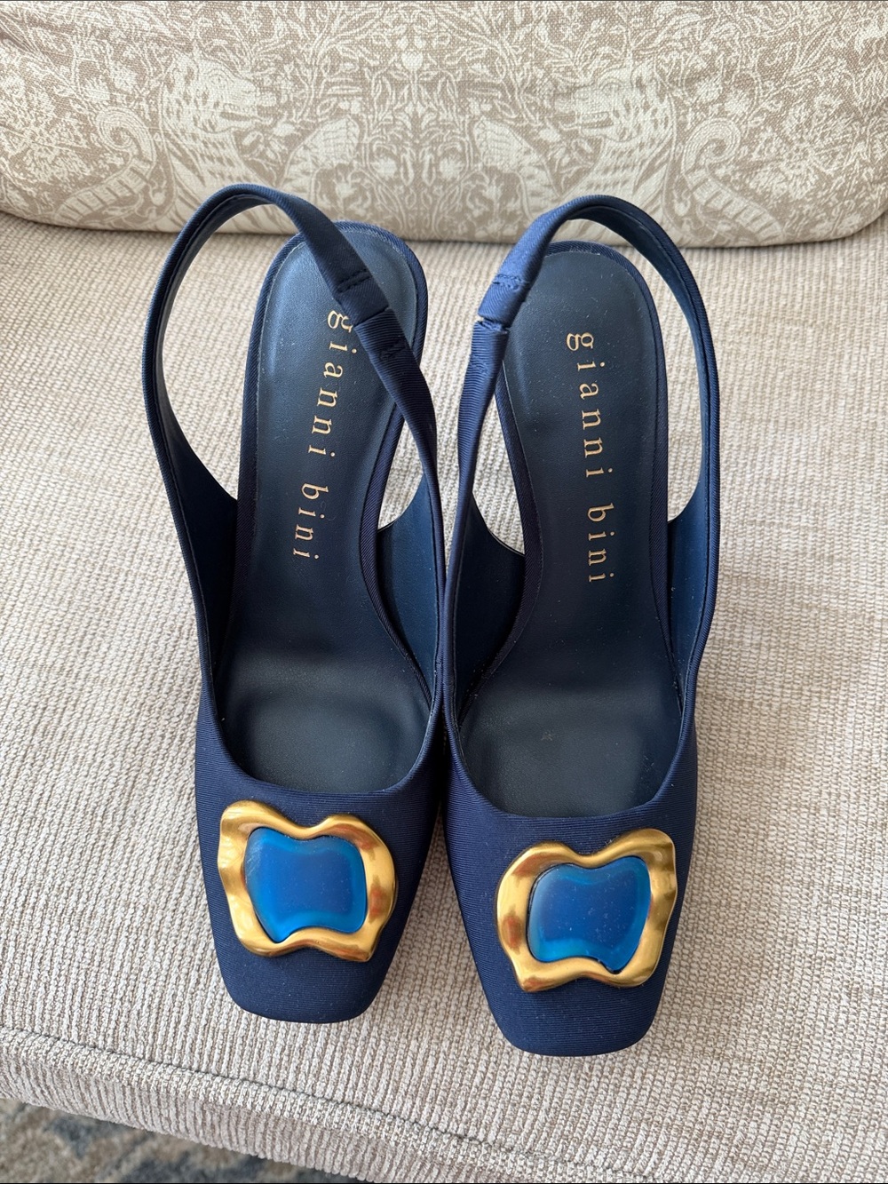 Gianni Bini Navy Slingback Heels with Gold & Blue Ornament